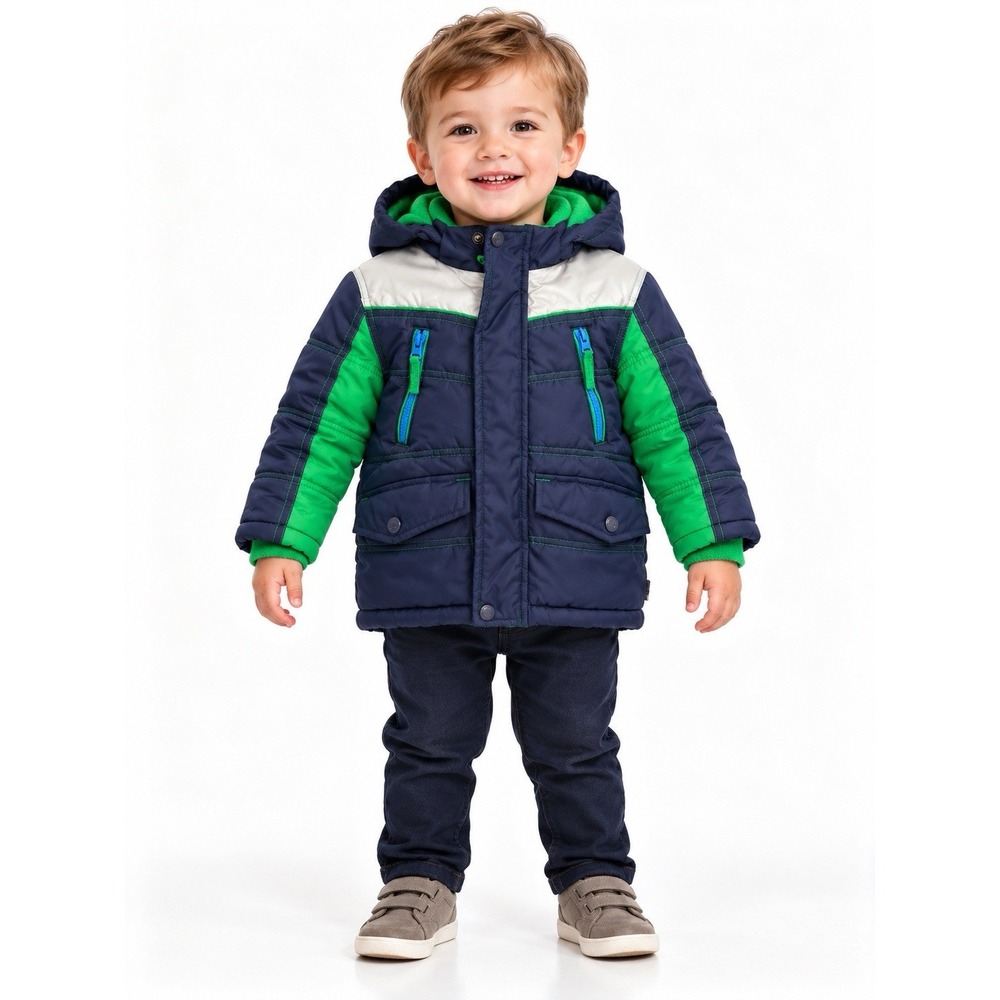 Boys 24M Hooded Winter Coat Fleece Lined Navy Green Colorblock Rothschild Puffer